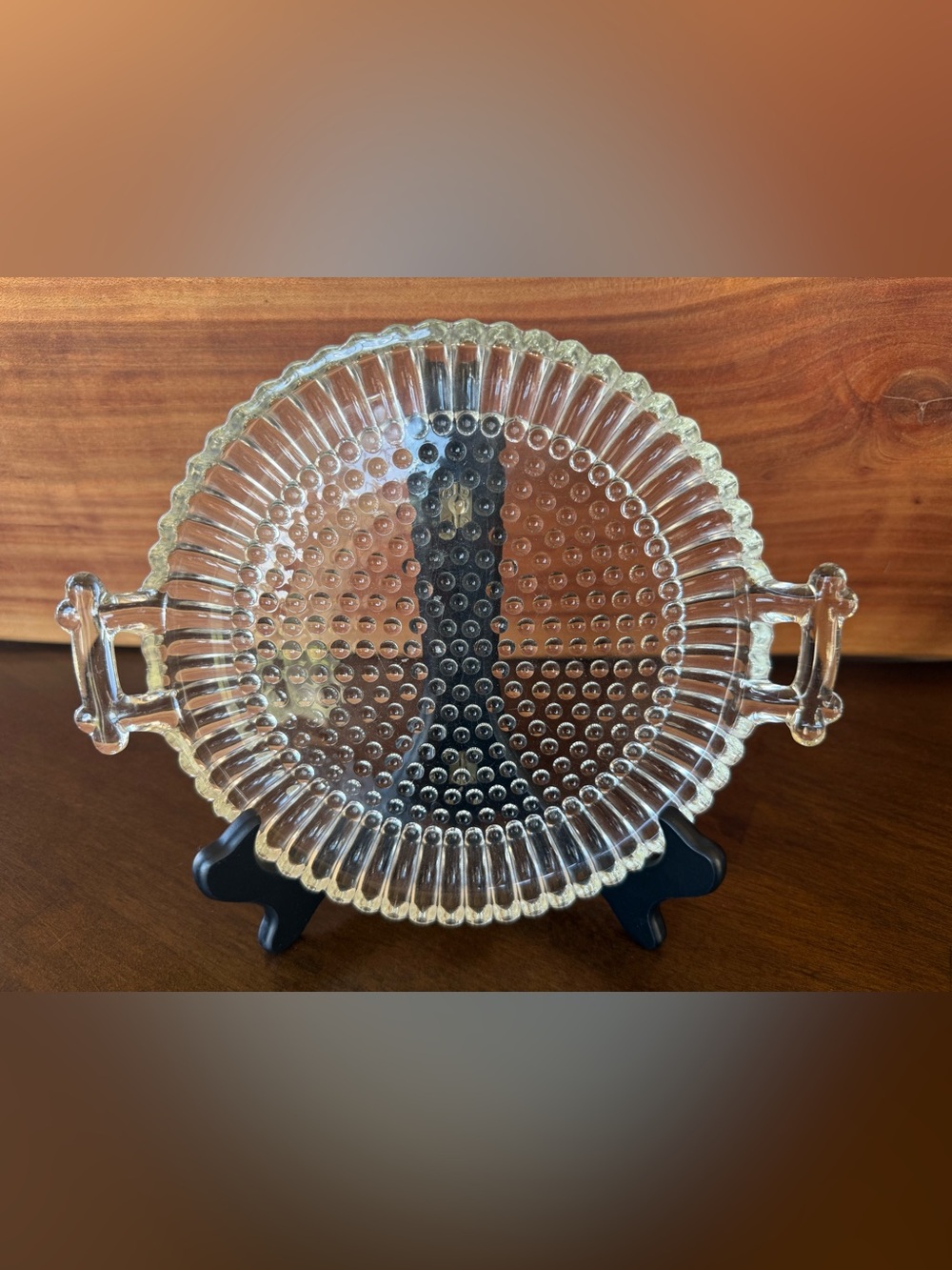 Clear Pressed Glass Handled Serving Plate Hobnail Dot Scalloped Edge